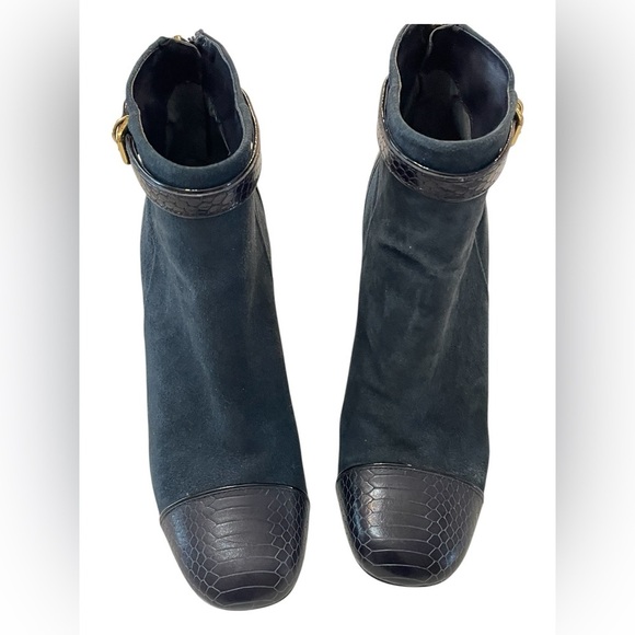 Tory‎ Burch Gracie Suede Navy Ankle Boots Embossed Alligator Leather Heeled 8.5 - Picture 5 of 15